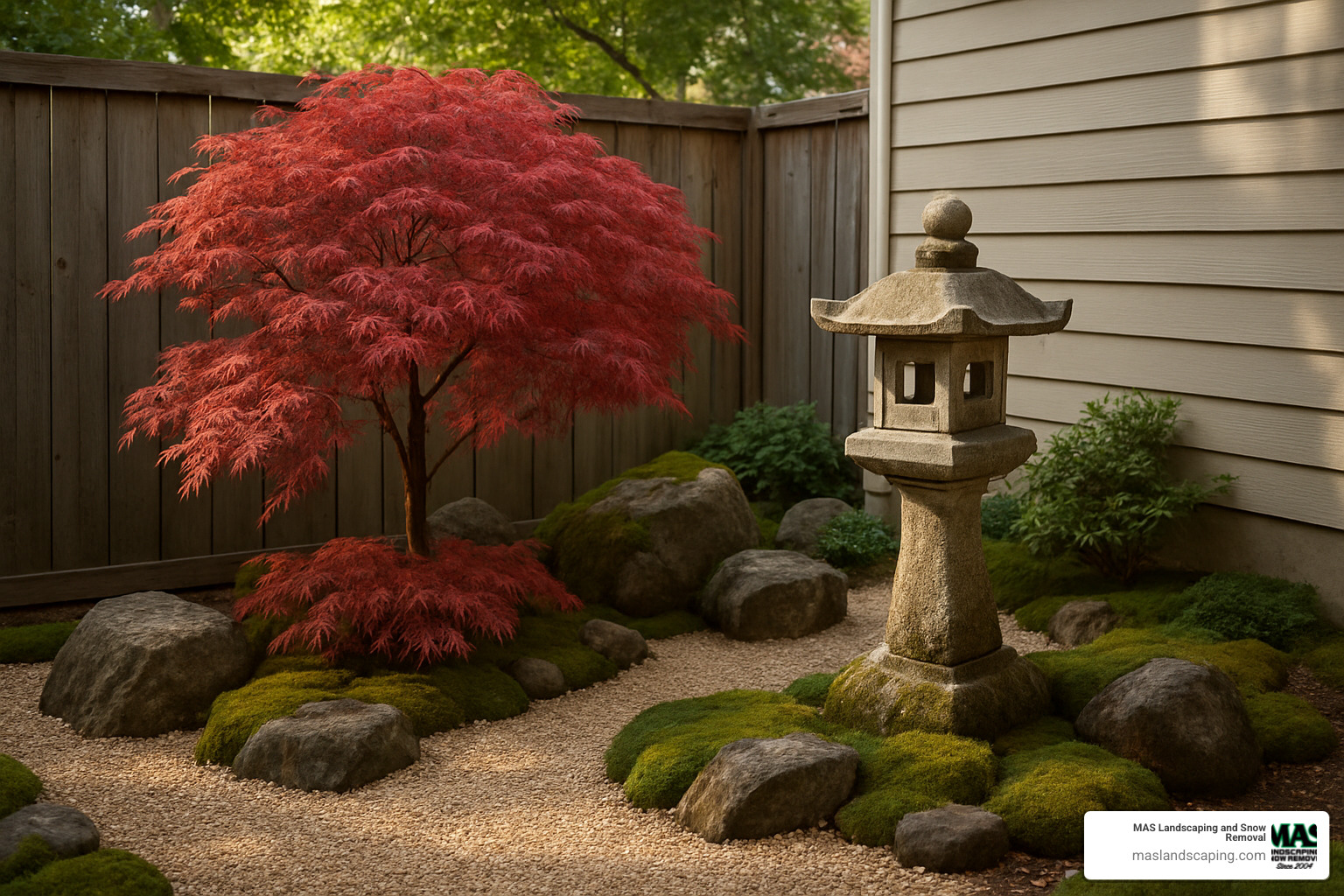 Japanese-inspired garden corner with stone lantern and maple tree - back yard landscape design