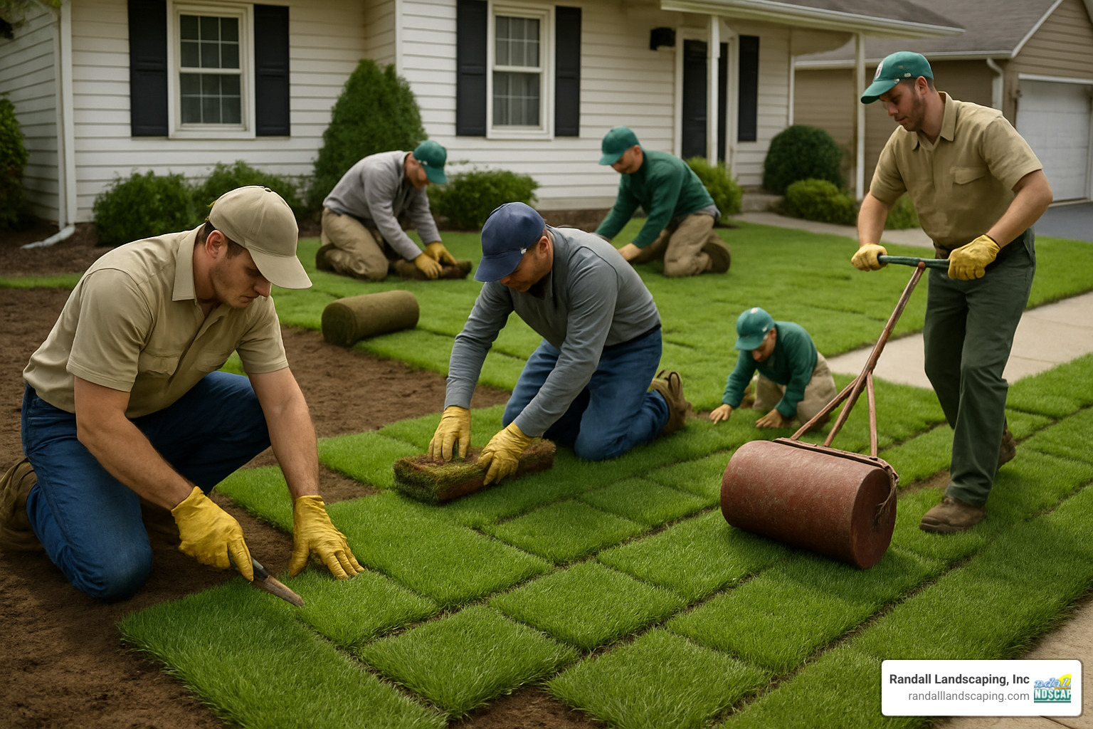 Professional crew laying sod in a brick pattern with staggered seams - professional sod installation