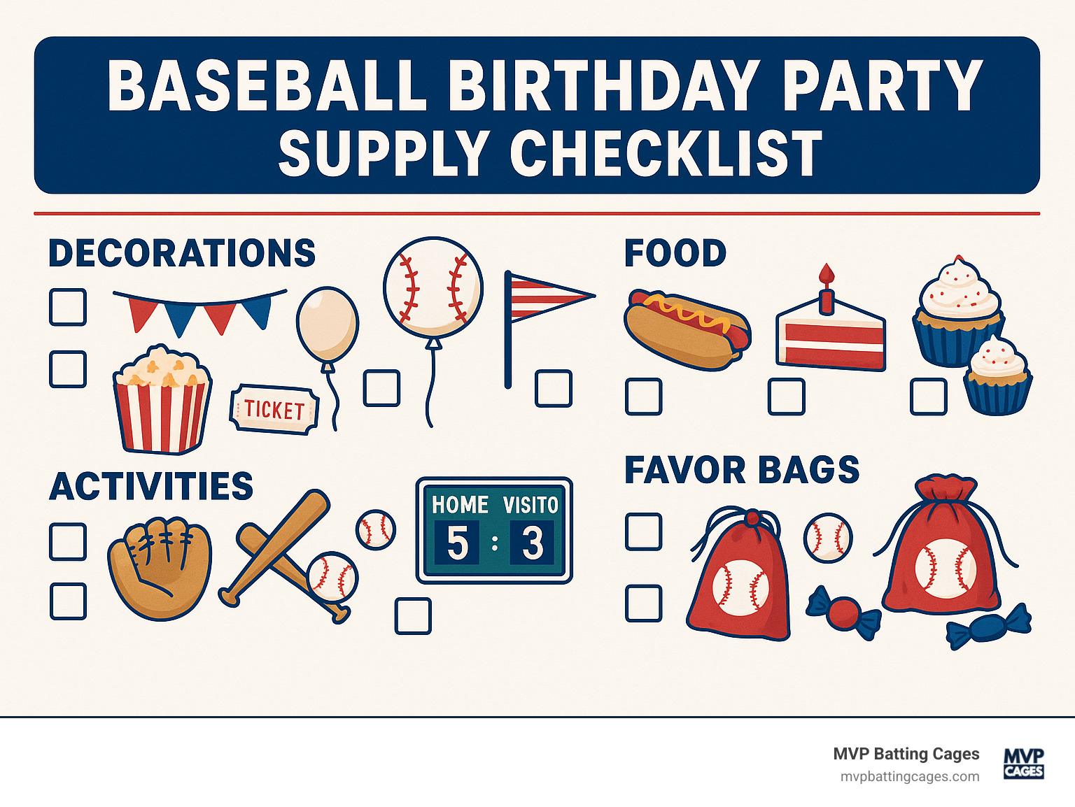 Baseball birthday party supply checklist showing decorations, food items, activity materials, and favor bag contents - baseball birthday party ideas infographic 