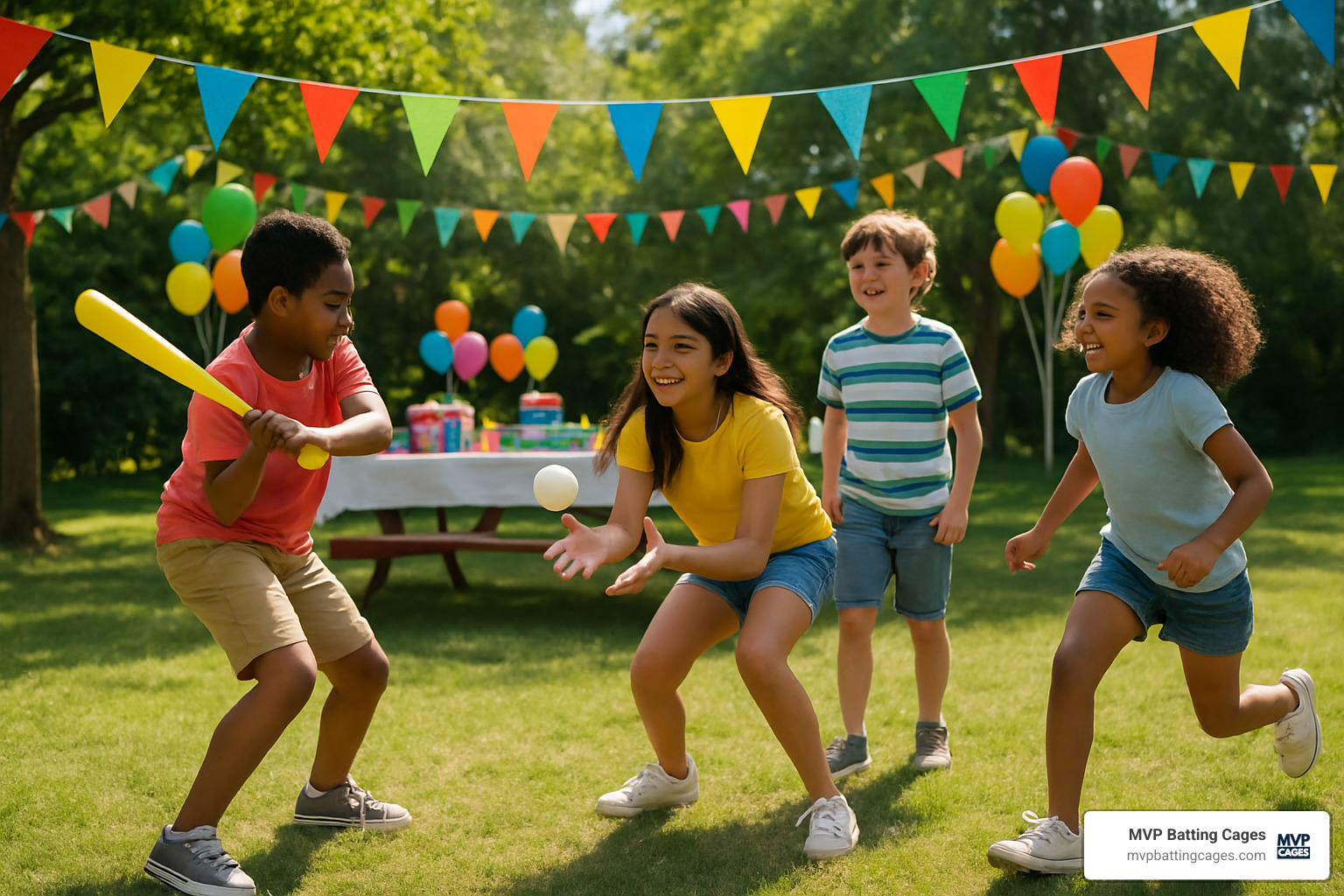kids playing wiffle ball - baseball birthday party ideas