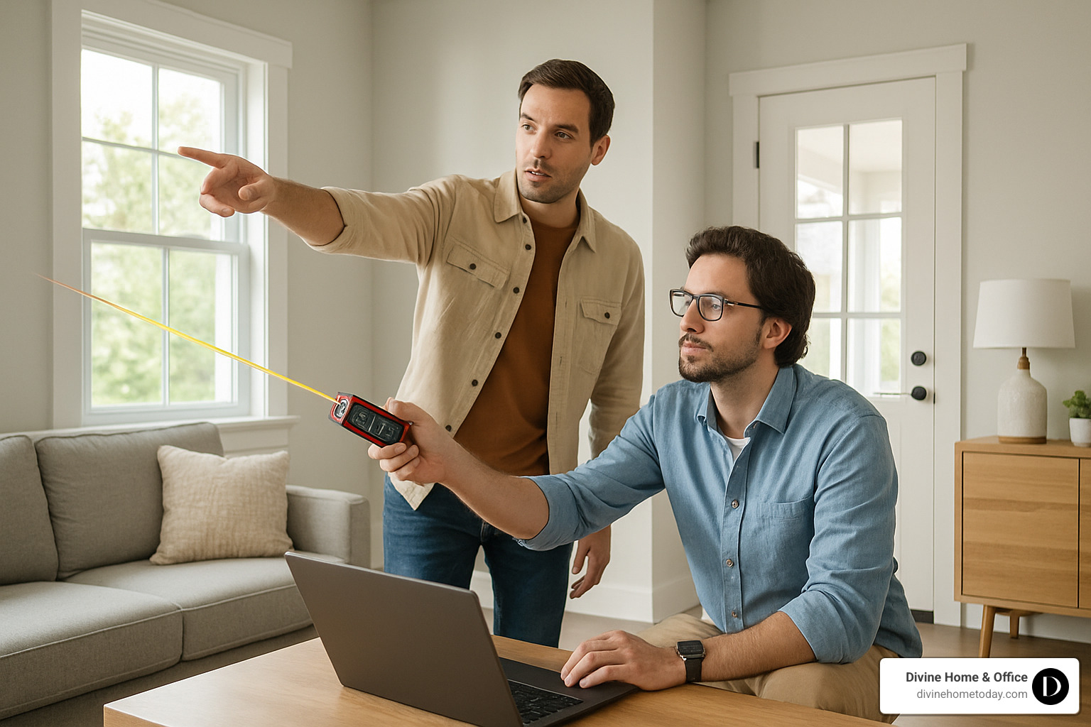 Designer measuring a room with digital tools while client points out problem areas - space planning services