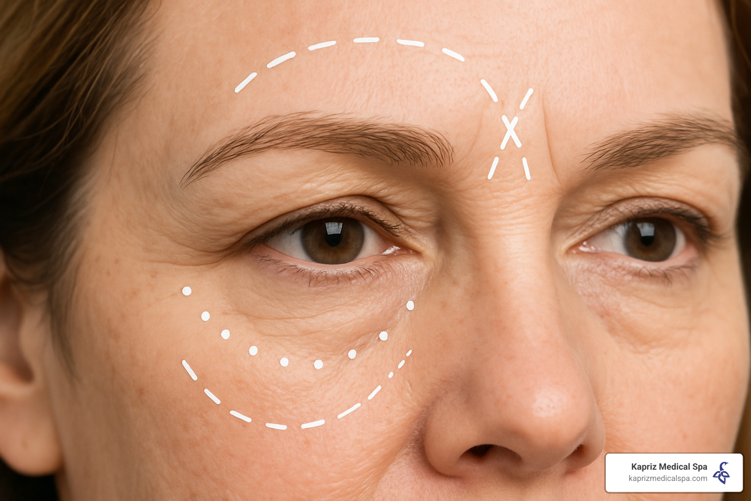 Close-up of eye area showing injection points for botox treatments - how many units of botox for eye area