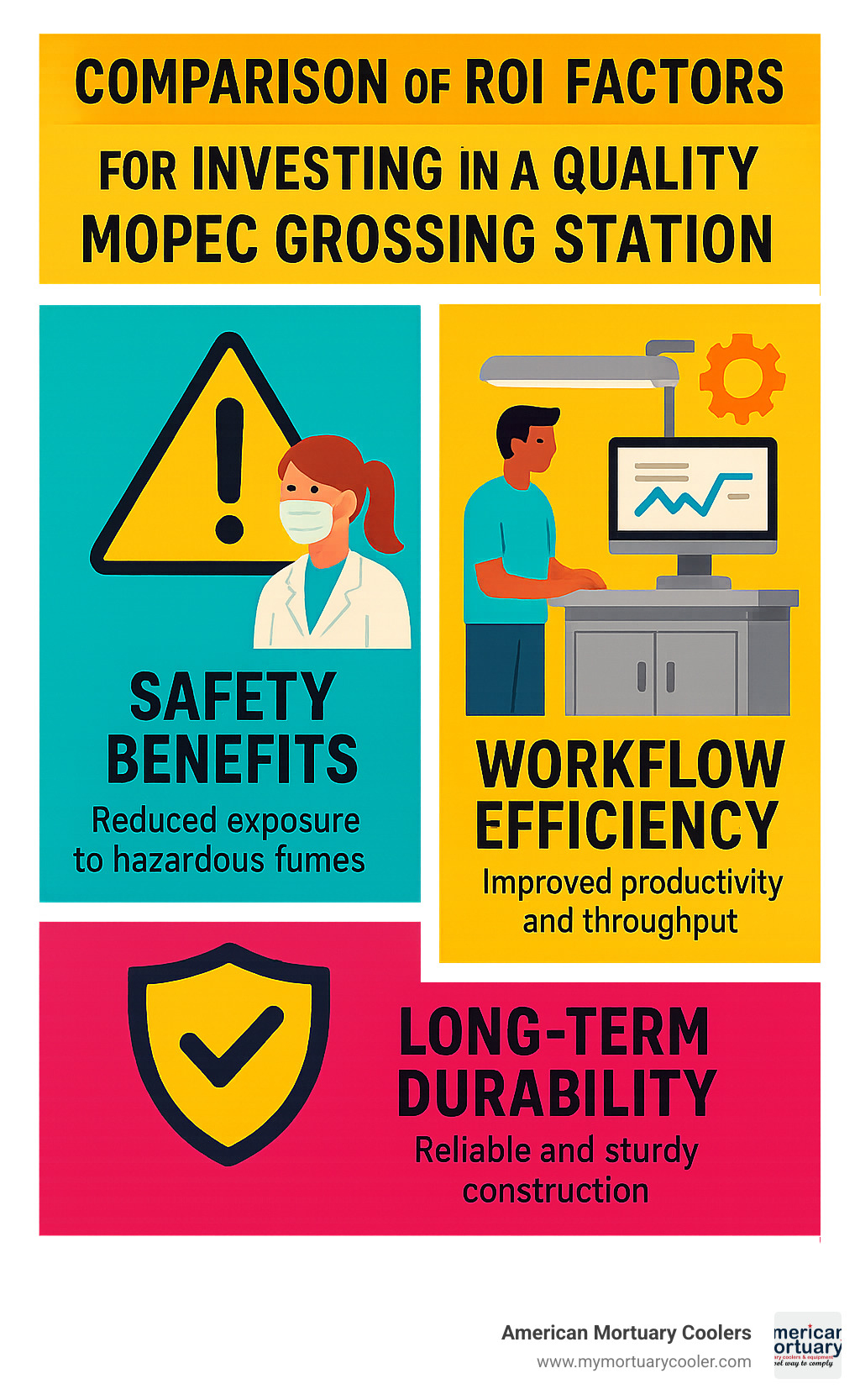 Comparison of ROI factors for investing in a quality Mopec grossing station including safety benefits, workflow efficiency improvements, and long-term durability - mopec grossing station infographic 
