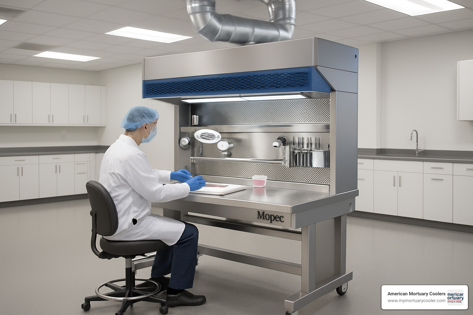 Ergonomic features of Mopec grossing stations including height adjustment and ventilation - mopec grossing station
