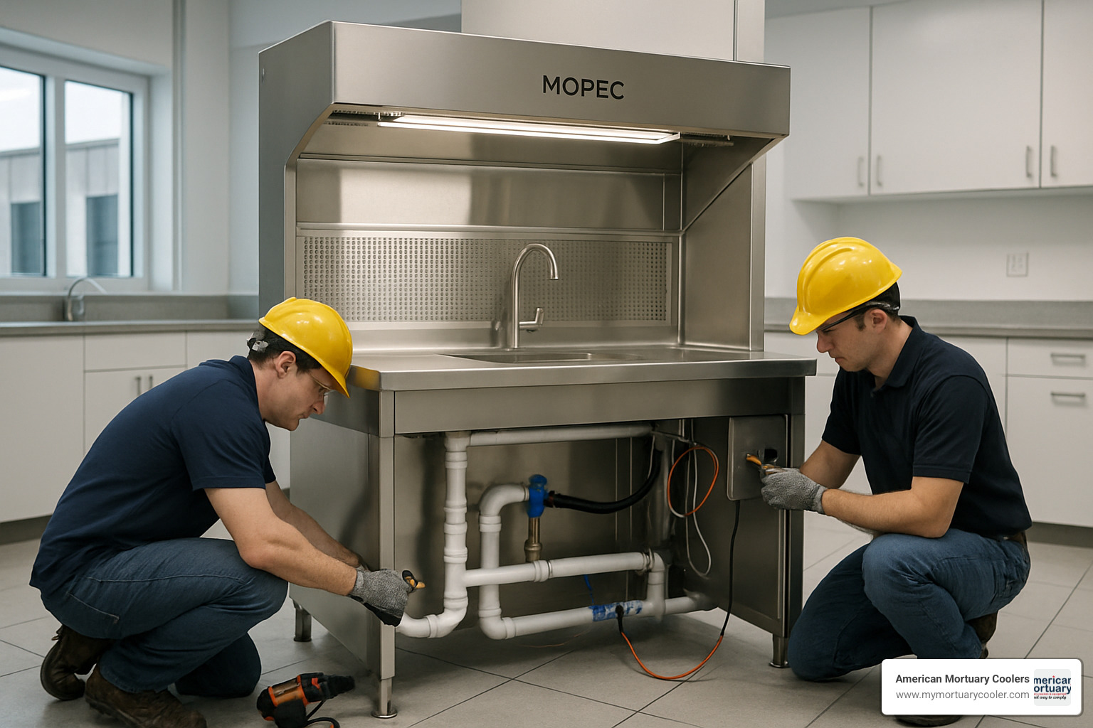 Installation of a Mopec grossing station showing plumbing and electrical connections - mopec grossing station