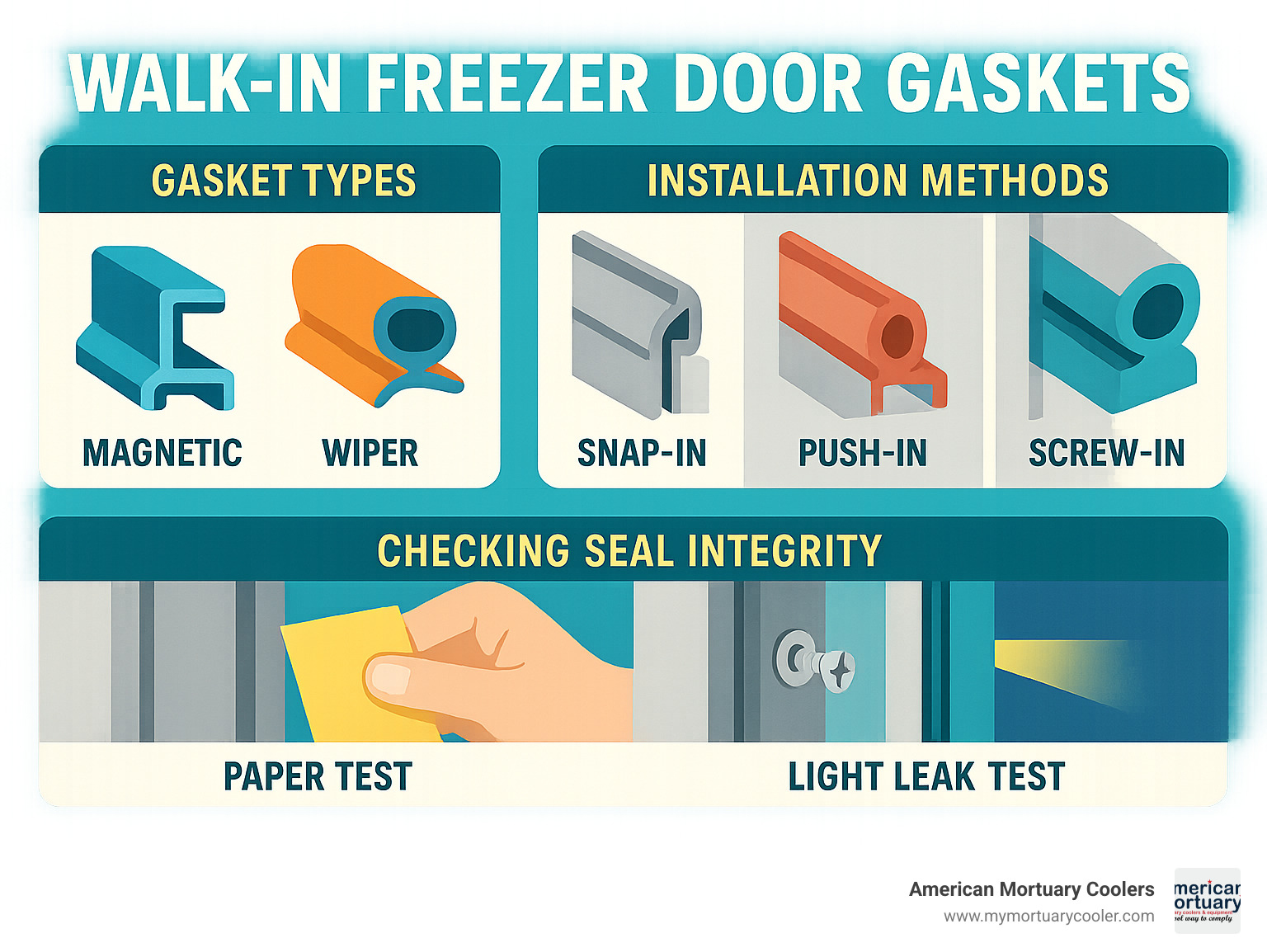 Walk-in freezer door gasket types showing magnetic, wiper and compression styles, with installation methods including snap-in, push-in and screw-in options, plus a visual demonstration of the paper test and light leak test for checking seal integrity - walk in freezer door gaskets infographic 