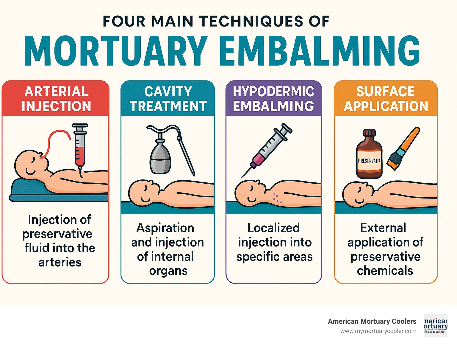 Four main techniques of mortuary embalming showing arterial injection, cavity treatment, hypodermic embalming, and surface application with their respective tools and methods - Mortuary Embalming infographic 