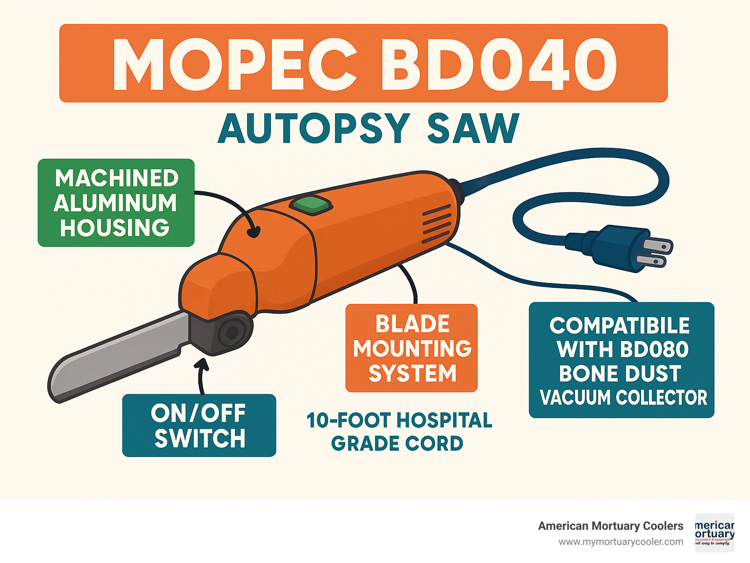 Mopec BD040 autopsy saw with labeled components showing the machined aluminum housing, 10-foot hospital grade cord, on/off switch placement, blade mounting system, and compatibility with the BD080 Bone Dust Vacuum Collector - mopec bd040 infographic 