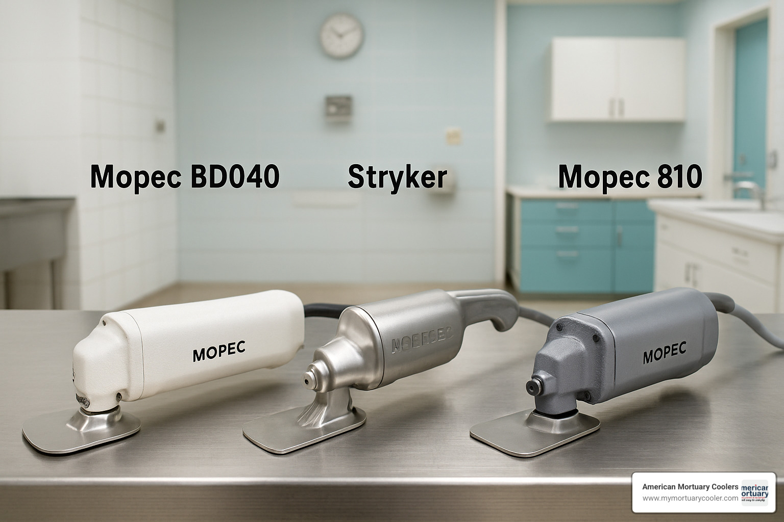 comparison of different autopsy saw models showing the Mopec BD040, Stryker 810, and Mopec 810 - mopec bd040