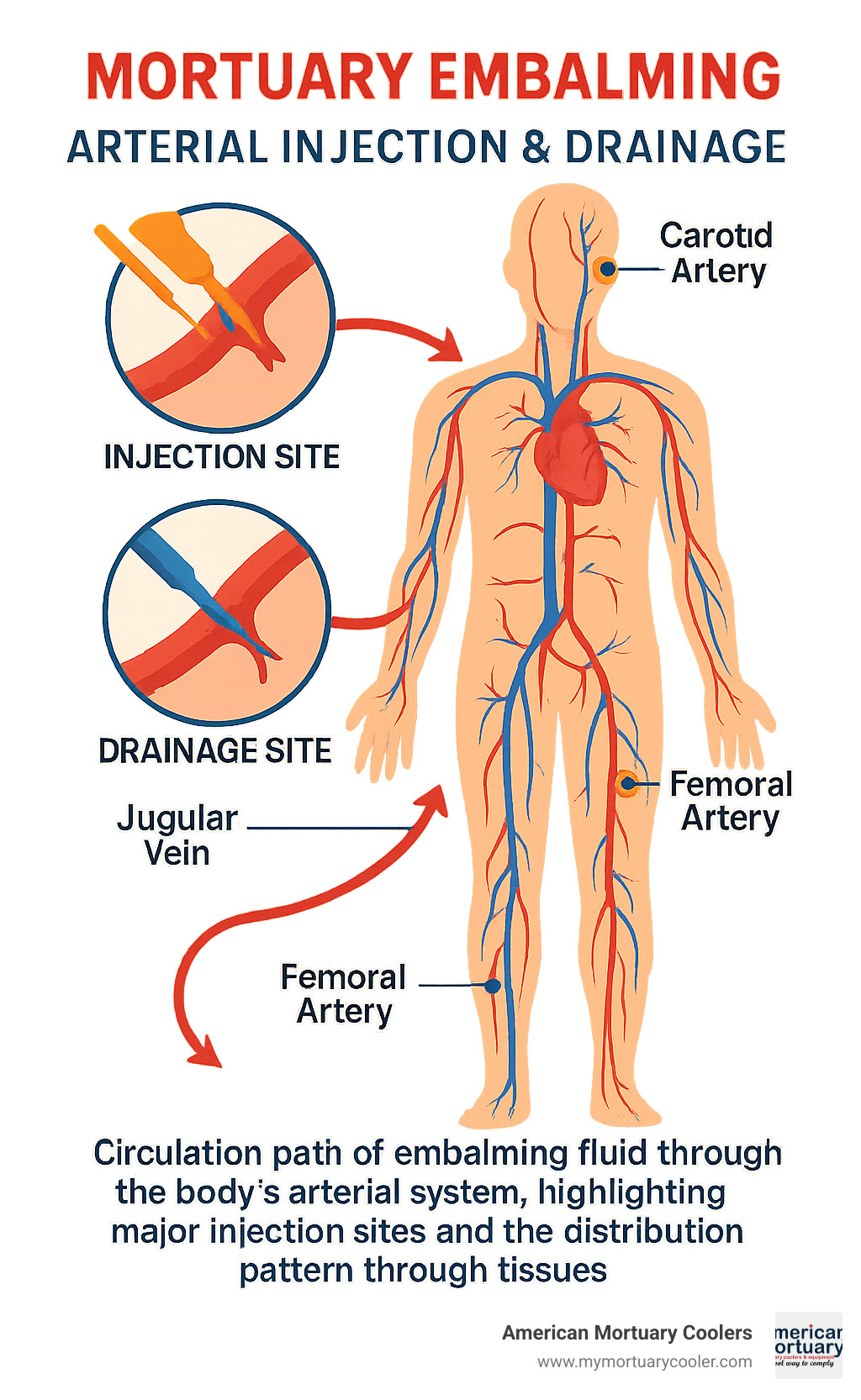 Diagram showing the circulation path of embalming fluid through the body's arterial system, highlighting major injection sites and the distribution pattern through tissues - Mortuary Embalming infographic 