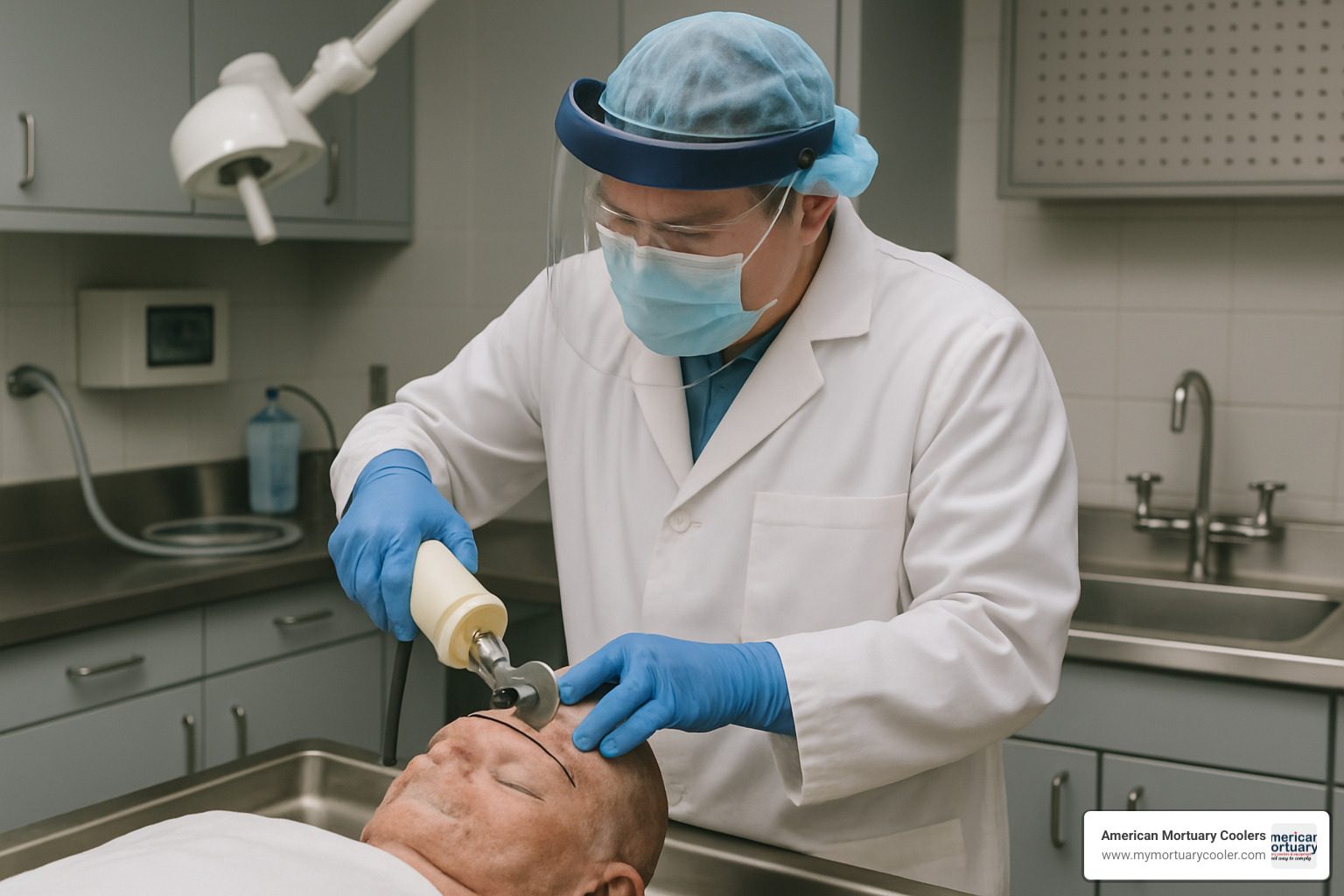 medical examiner using autopsy saw in pathology lab - mopec bd040