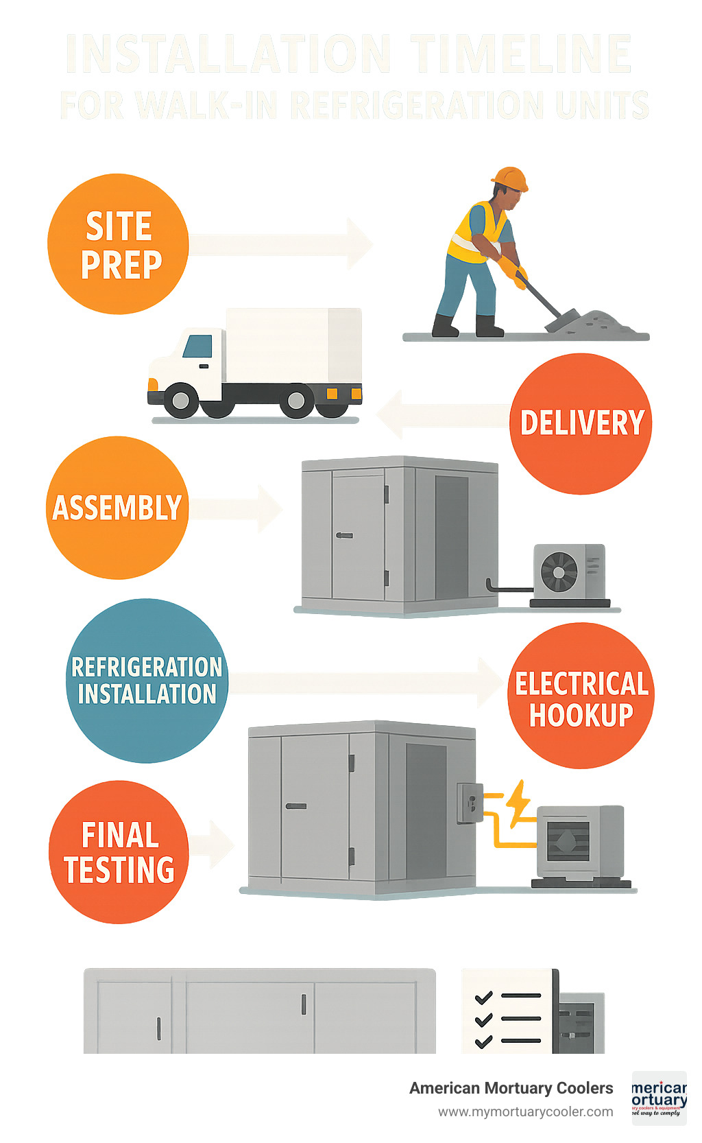 Installation timeline for walk-in refrigeration units showing site prep, delivery, assembly, refrigeration installation, electrical hookup, and final testing - walk in refrigeration unit infographic 