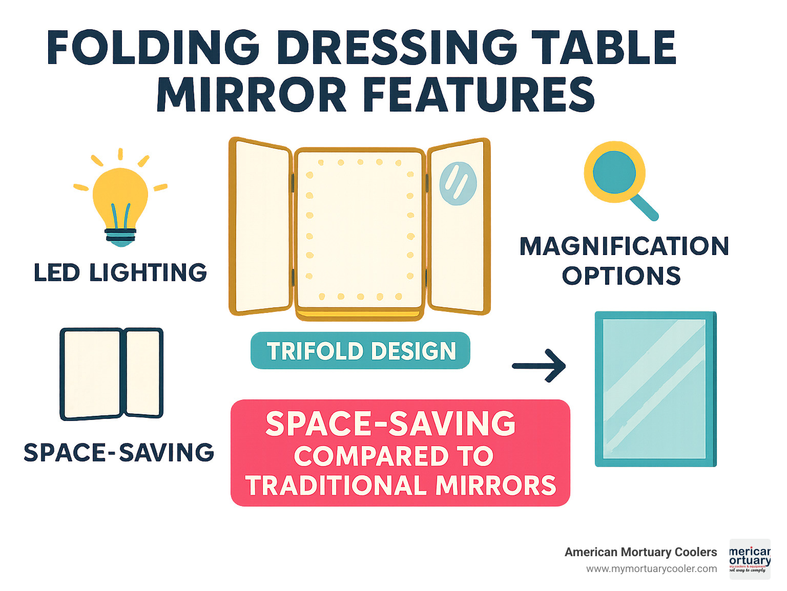 Folding dressing table mirror features showing trifold design with LED lighting, magnification options, and space-saving benefits compared to traditional mirrors - folding dressing table mirror infographic 
