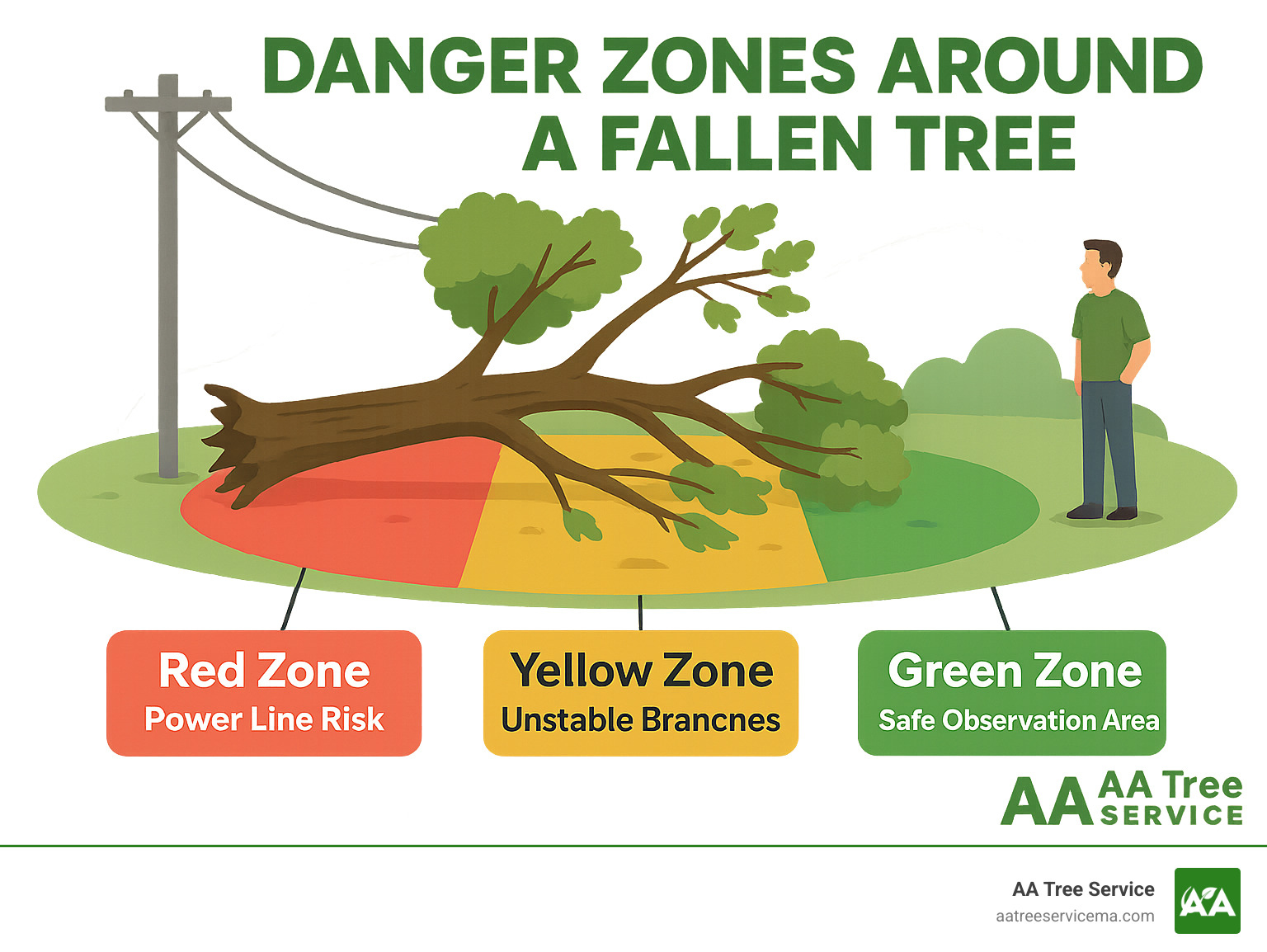 Danger zones around a fallen tree showing: red zone (power line risk), yellow zone (unstable branches), green zone (safe observation area) - downed trees near me infographic 