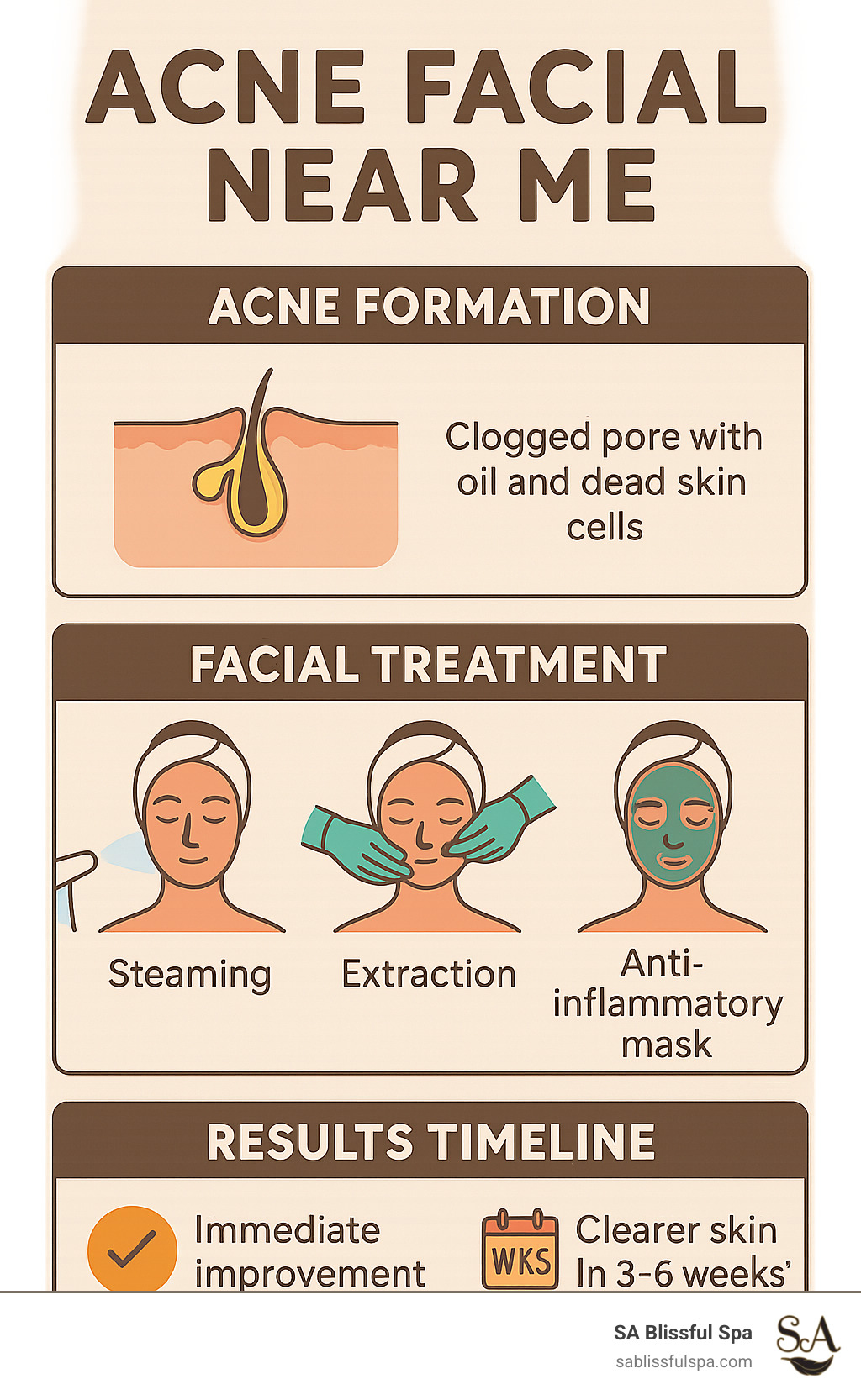 Detailed diagram showing acne formation process, facial treatment steps, and expected results timeline for acne facials - acne facial near me infographic