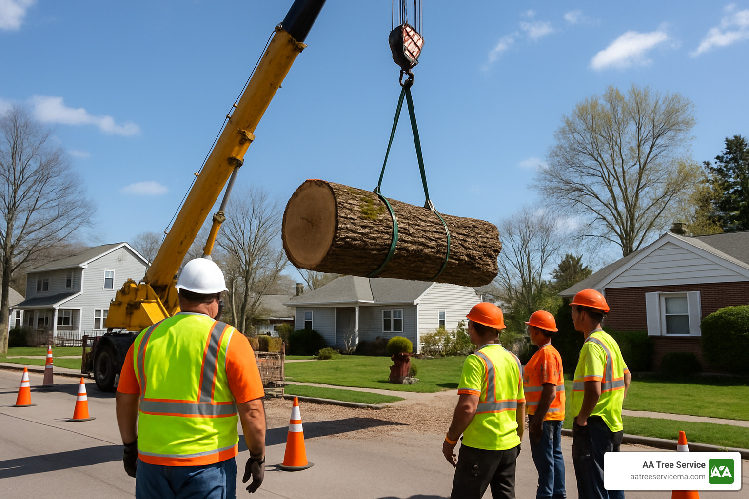 crane lifting large trunk section - downed trees near me