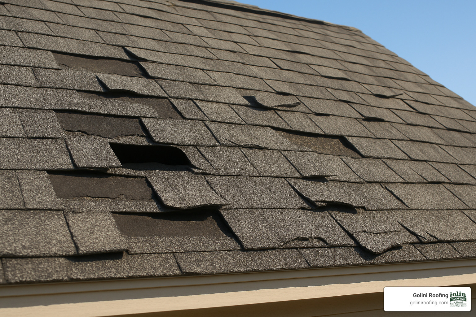 damaged roof shingles with missing and curling sections - roofing service