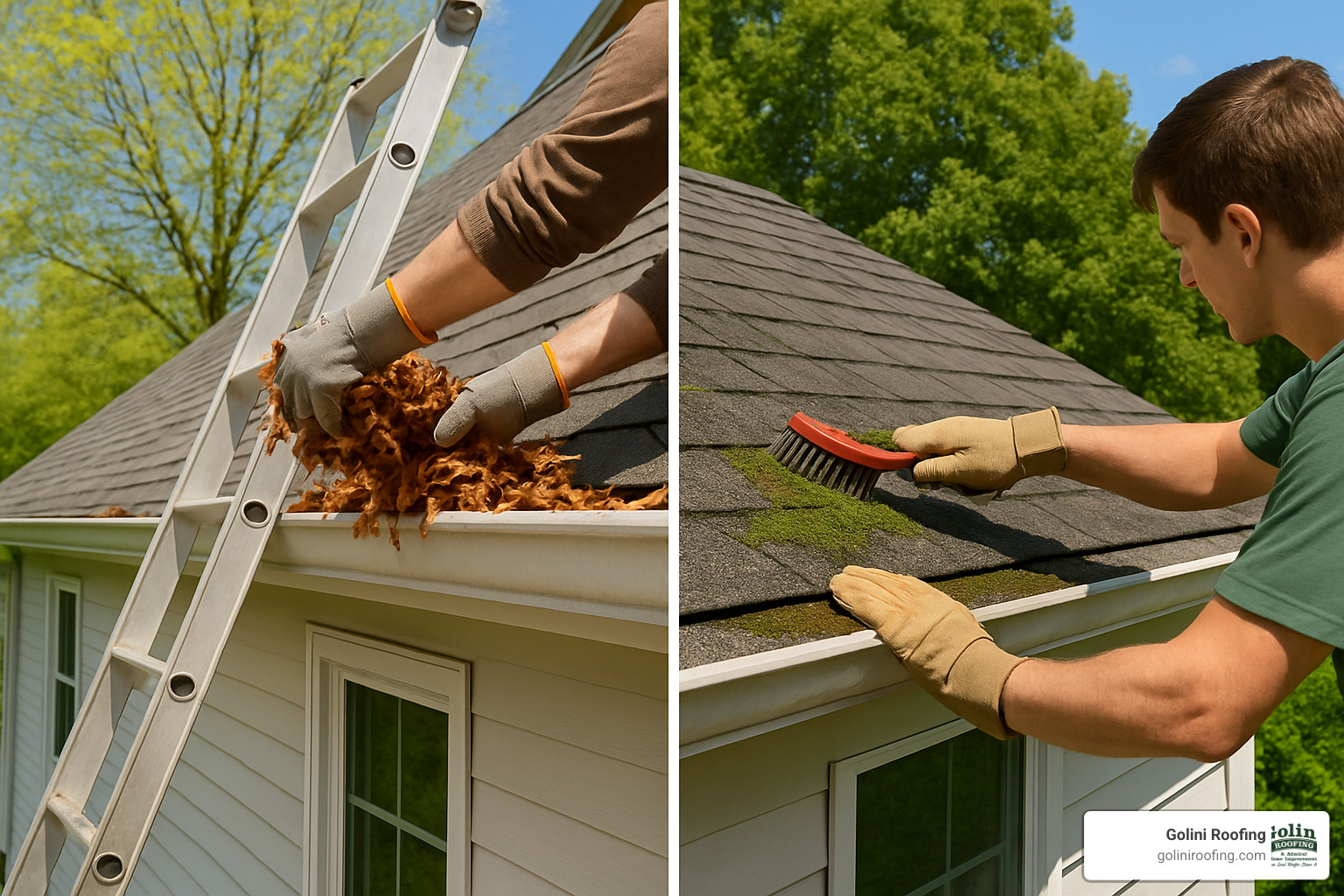 seasonal roof maintenance showing gutter cleaning and moss removal - roofing service