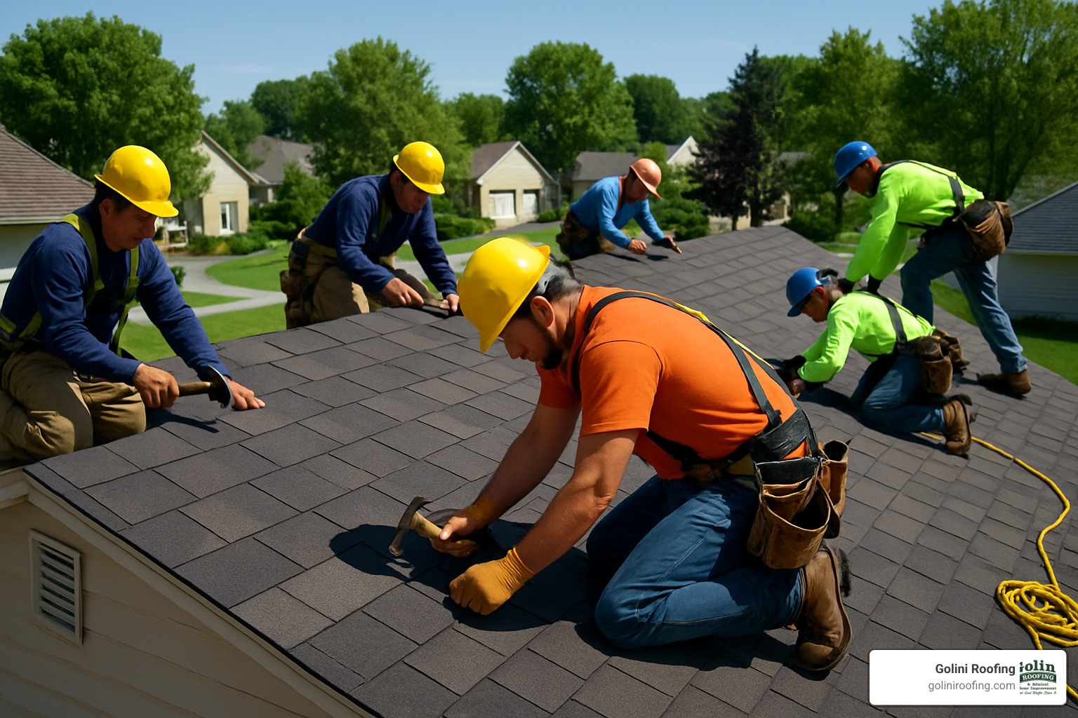 roofing crew hand-nailing shingles on a residential roof - roofing service