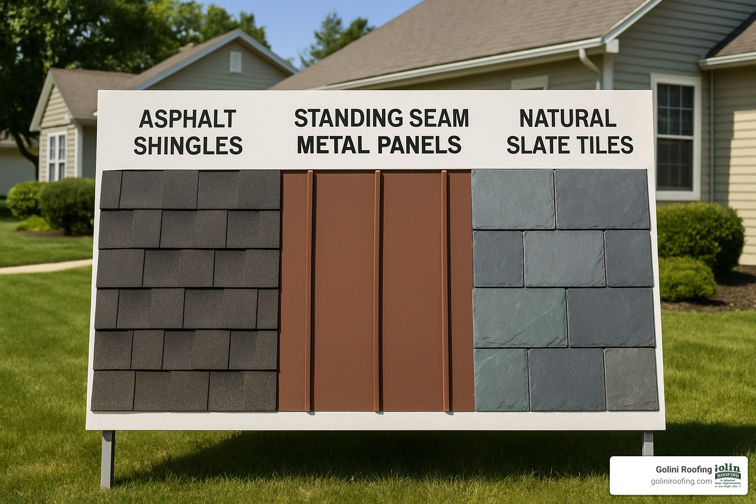 different roofing materials displayed showing asphalt, metal, and slate - roofing service