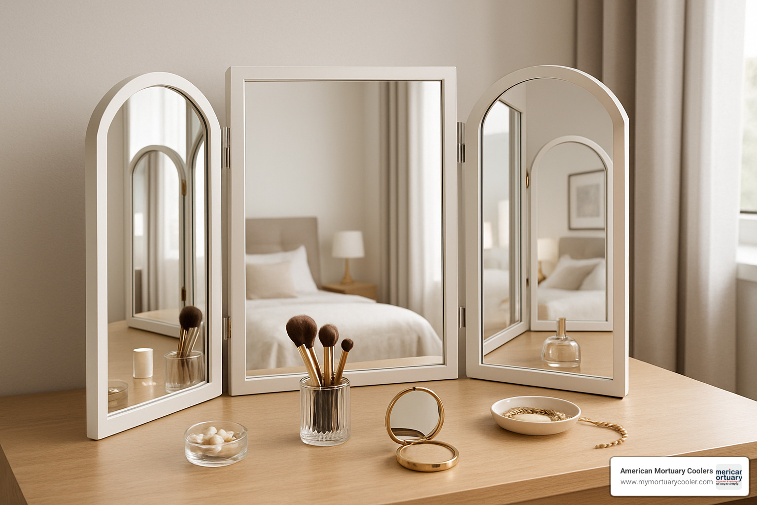 Trifold dressing table mirror showing all three panels - folding dressing table mirror