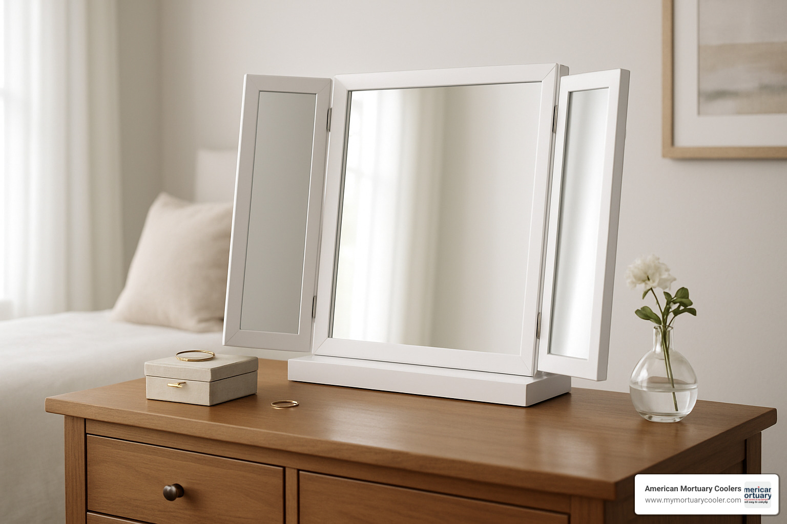 Folding dressing table mirror perfectly placed on a wooden dresser - folding dressing table mirror
