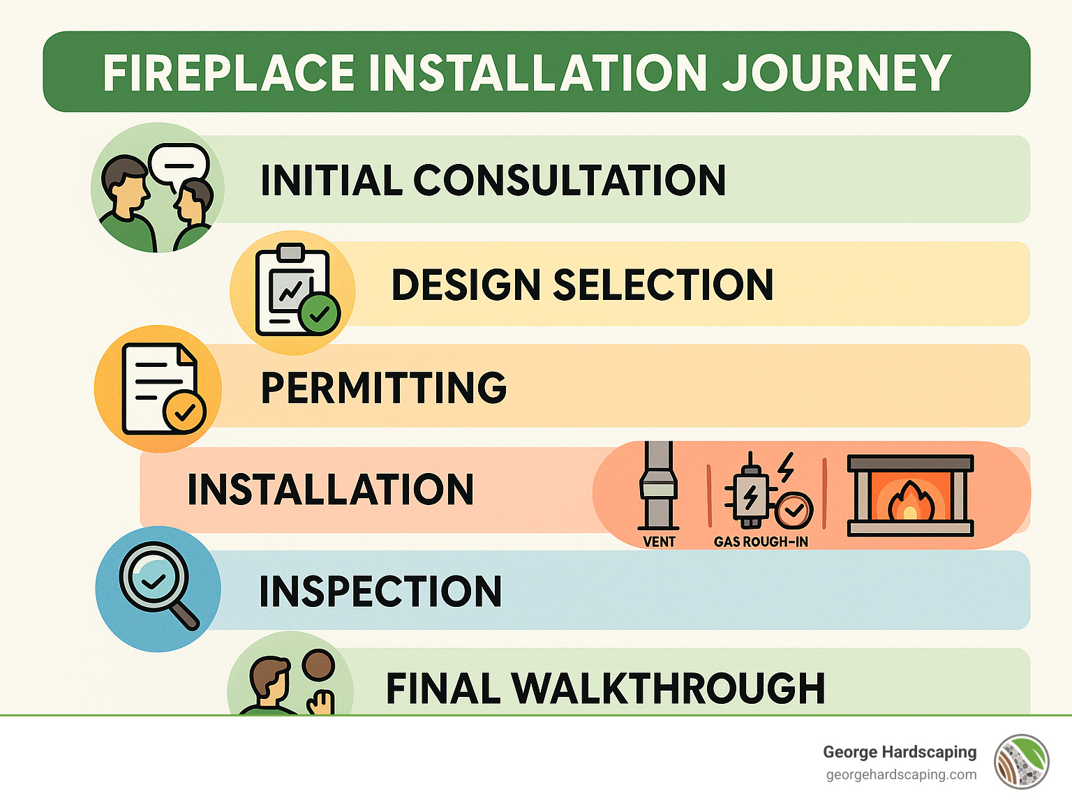 Fireplace Installation Journey infographic showing the 6 steps: Initial consultation, design selection, permitting, installation (including venting, gas/electrical rough-in, and appliance setting), inspection, and final walkthrough - Professional fireplace installation infographic