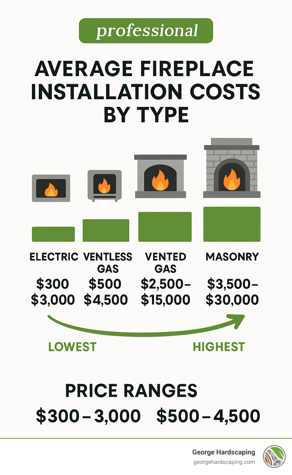 Average fireplace installation costs by type showing price ranges from electric (lowest) to masonry (highest) - Professional fireplace installation infographic