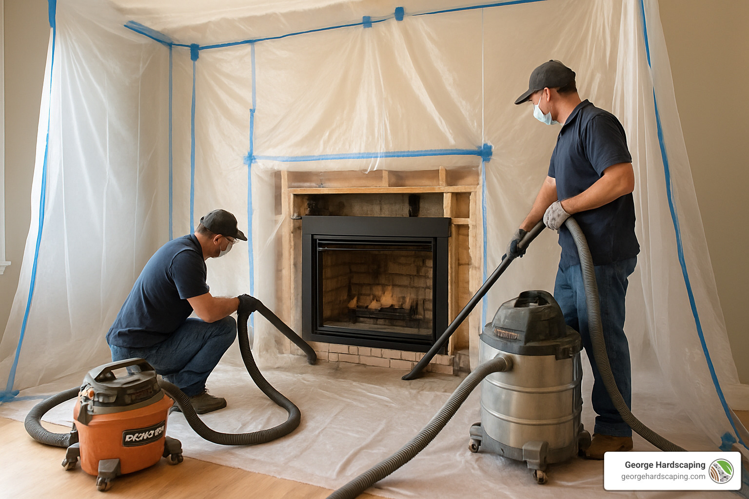 plastic barriers and vacuums in action during fireplace installation - Professional fireplace installation