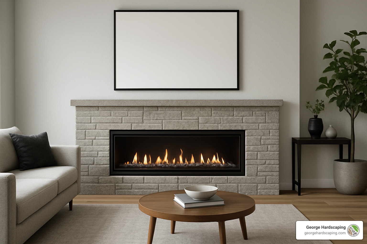 trendy linear gas fireplace with stone surround - Professional fireplace installation