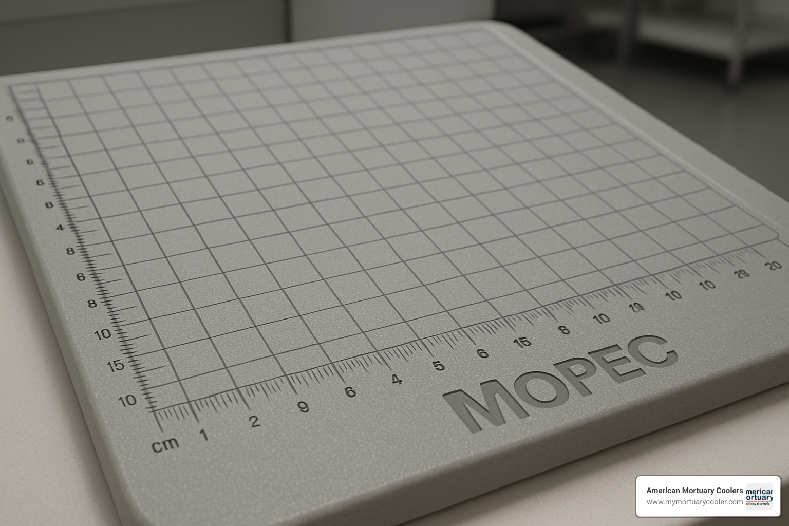 Close-up of a Mopec dissecting board showing the measurement grid and ruler markings - mopec dissecting board