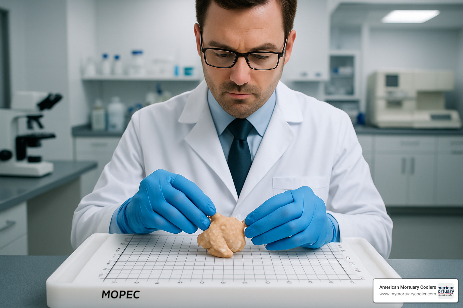 Pathologist using a mopec dissecting board with measurement grid for precise specimen examination - mopec dissecting board