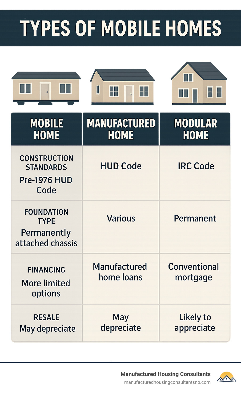 Comparison of mobile, manufactured and modular homes showing construction standards, foundation types, financing options, and resale value considerations with HUD vs IRC code differences - types of mobile homes infographic 