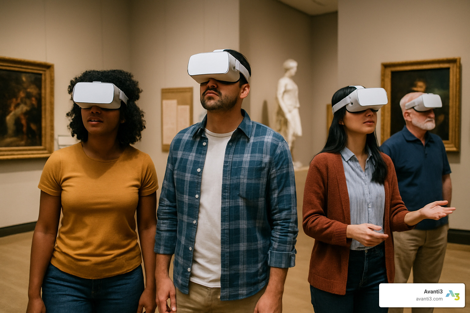 Virtual reality museum tour with visitor using VR headset - virtual reality museum
