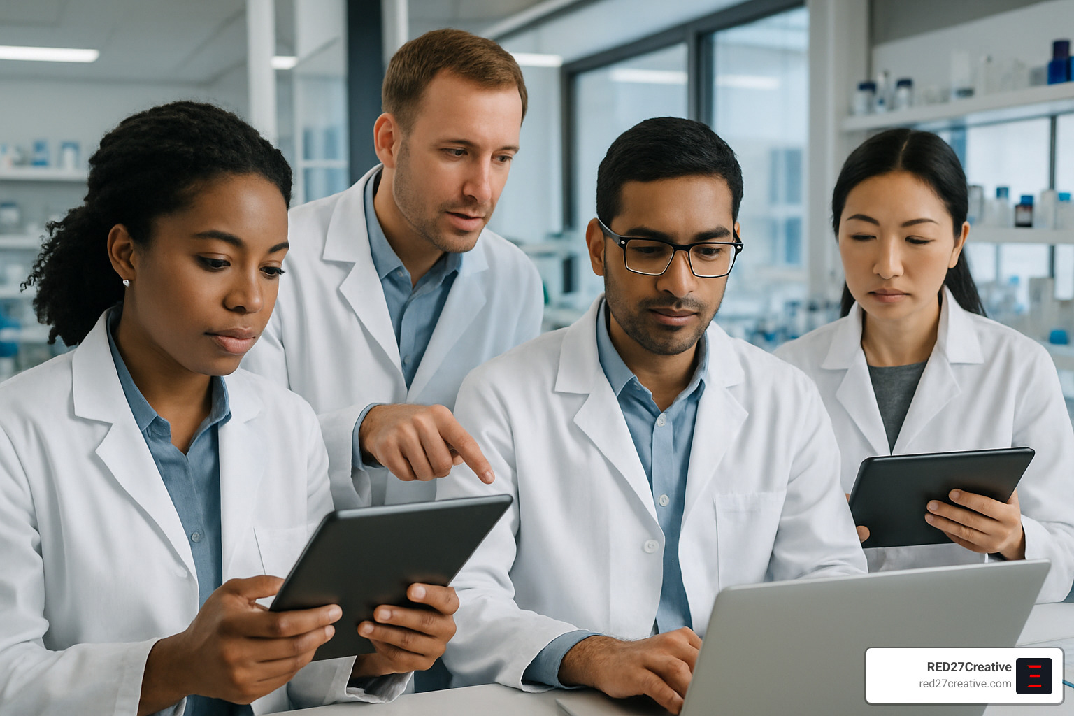 Unlocking Pharma SEO: How Pharmaceutical Manufacturers Can Rank Higher • seo for pharmaceutical manufacturing companies • RED27Creative pharmaceutical researchers using digital devices - seo for pharmaceutical manufacturing companies
