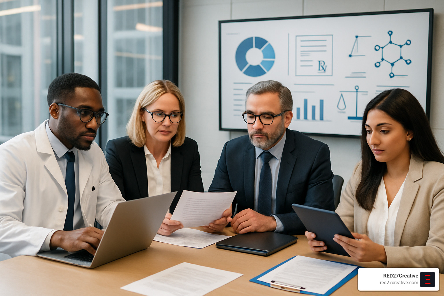 Unlocking Pharma SEO: How Pharmaceutical Manufacturers Can Rank Higher • seo for pharmaceutical manufacturing companies • RED27Creative pharmaceutical compliance team reviewing content - seo for pharmaceutical manufacturing companies