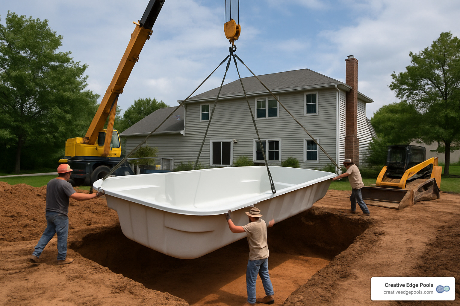 fiberglass pool being lowered into excavated area by crane - Swimming Pool Installation