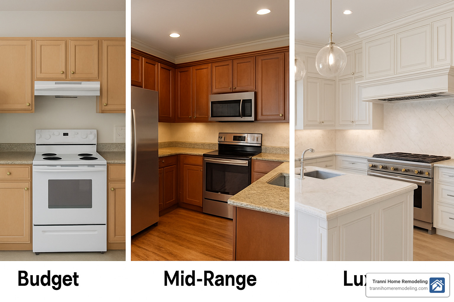 three tiers of kitchen remodel examples showing budget friendly, mid-range, and luxury designs - how much does a contractor charge for a kitchen remodel
