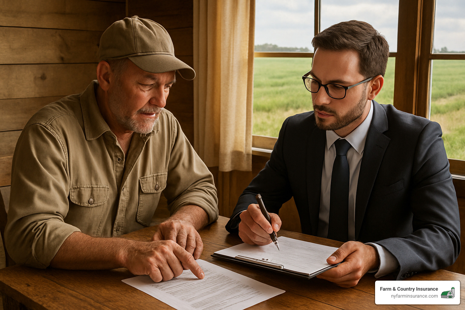 farmer meeting with insurance agent - agricultural land insurance