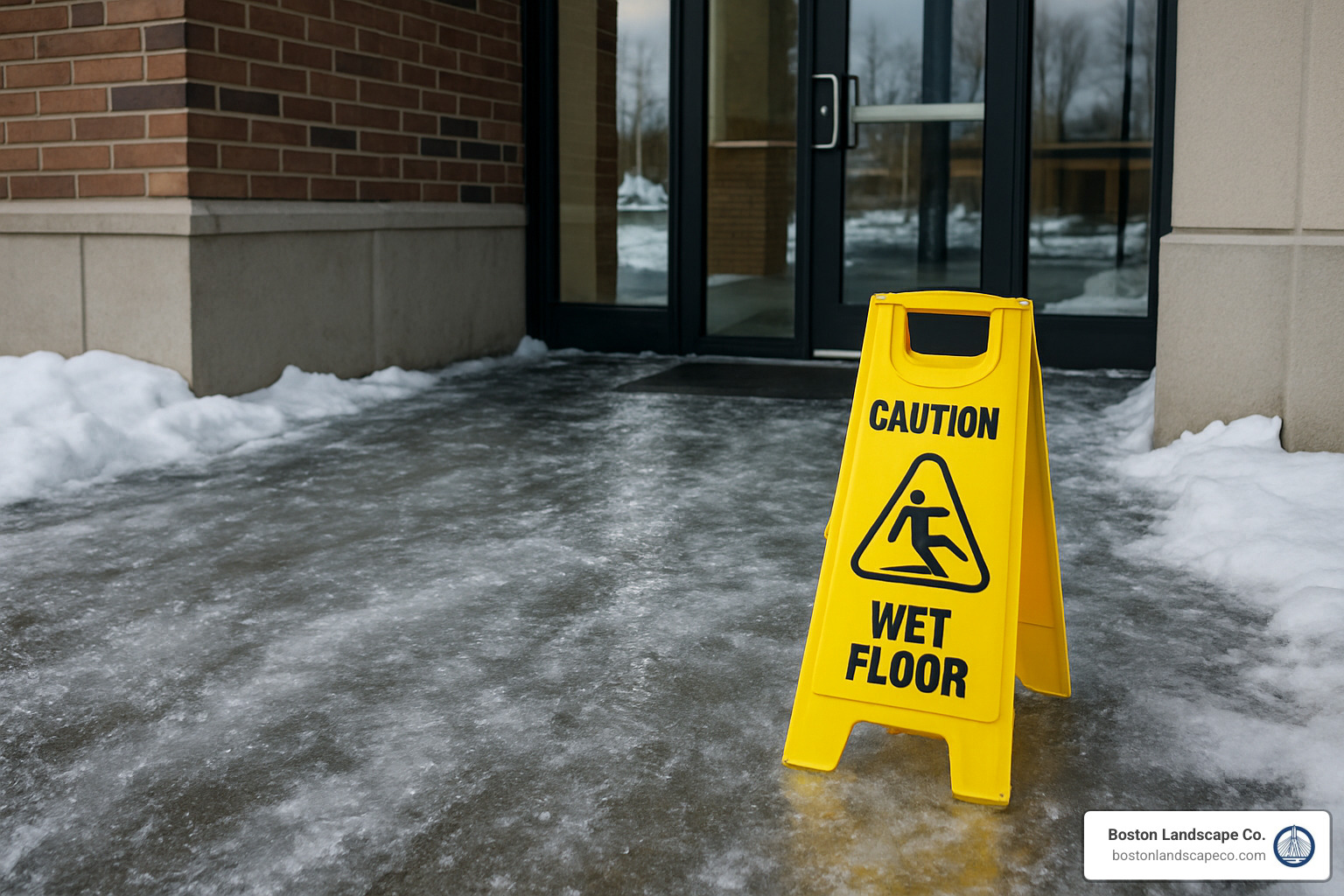Icy commercial walkway with warning sign - commercial snow removal near me