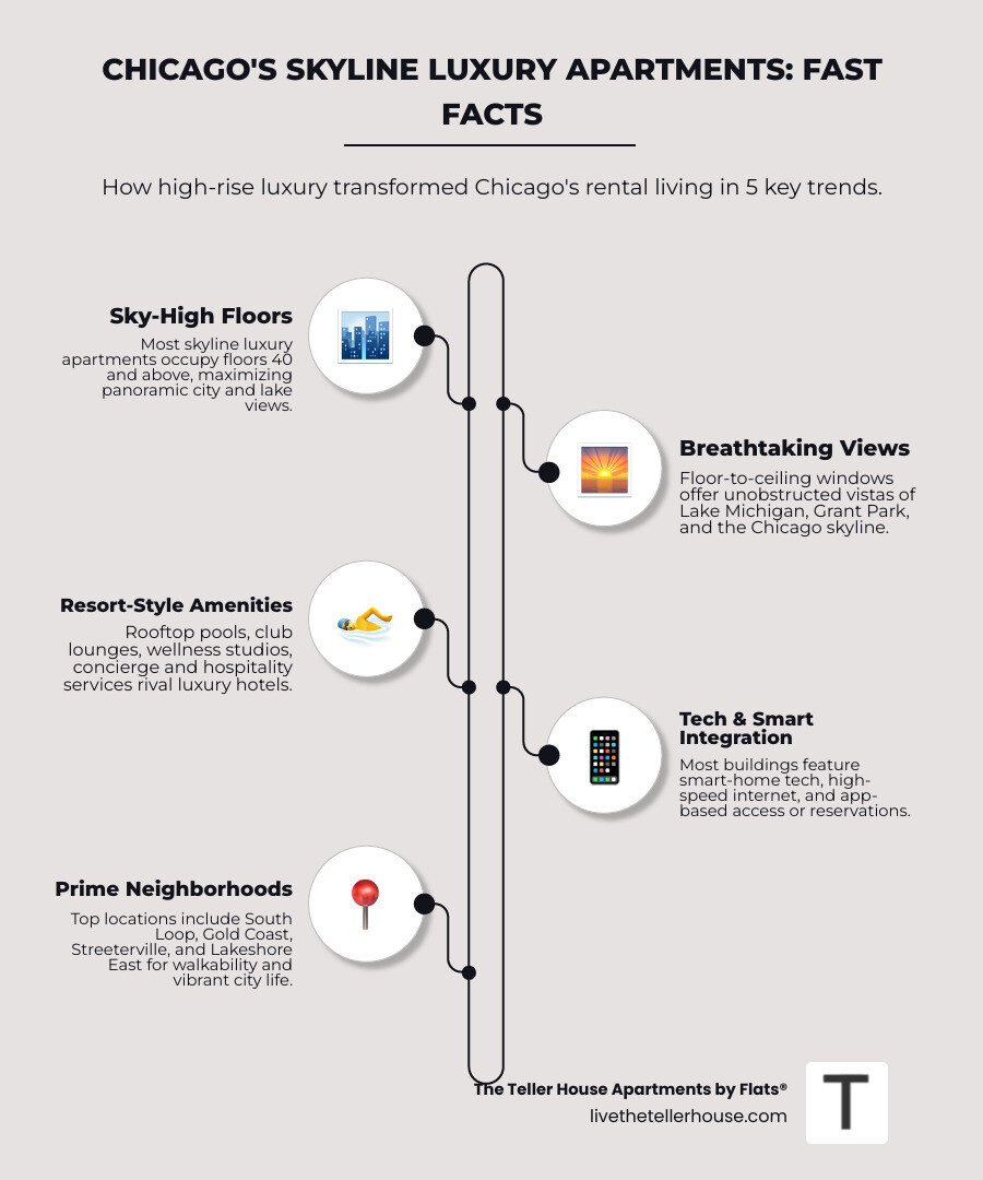 Infographic showing Chicago's luxury skyline apartments with neighborhood locations, average floor heights, signature amenities, and view orientations across South Loop, Gold Coast, Streeterville and Lakeshore East neighborhoods - skyline luxury apartments chicago infographic infographic-line-5-steps-neat_beige