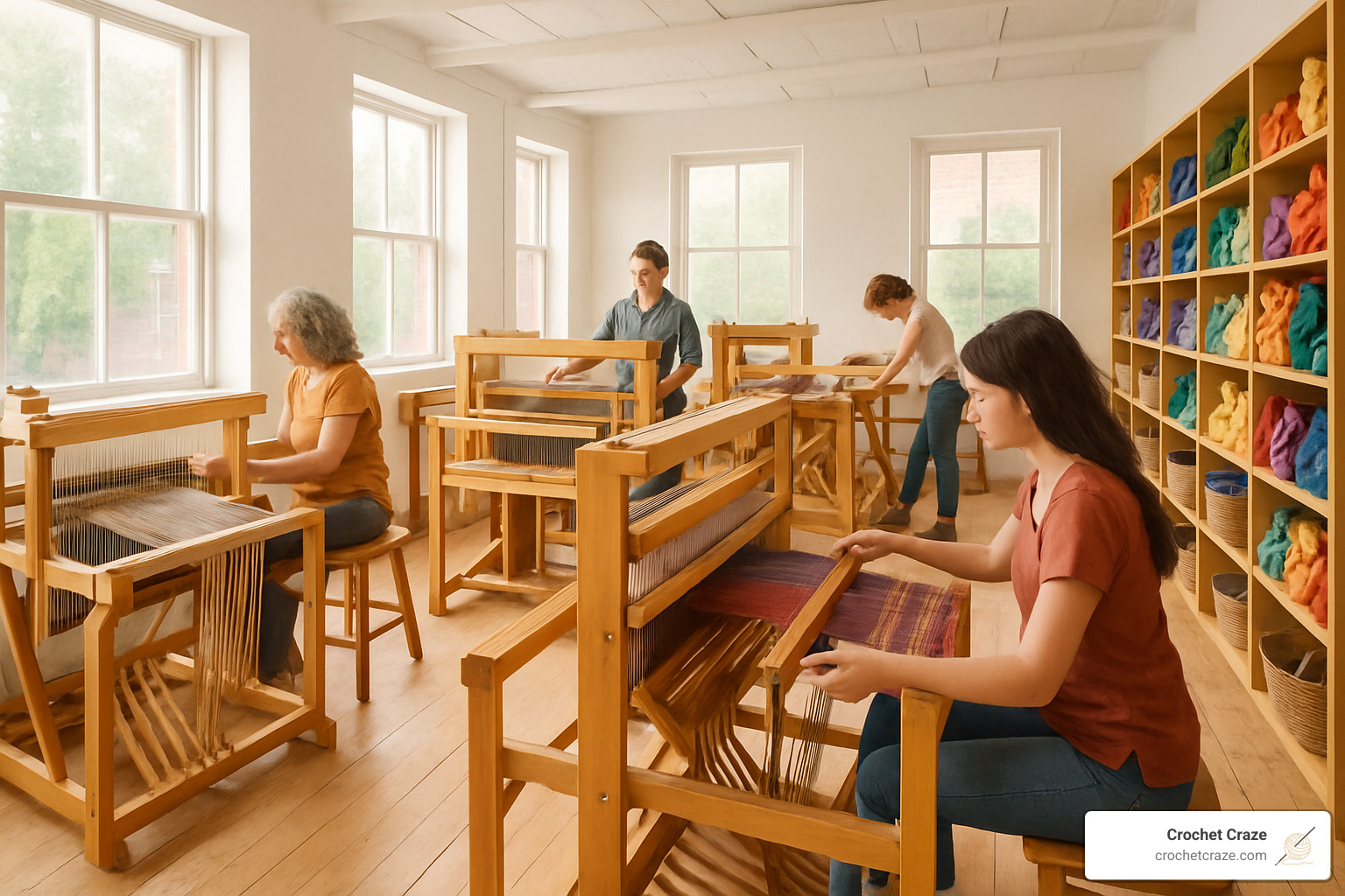 Bright, airy weaving studio with floor looms and large windows - weaving shops near me