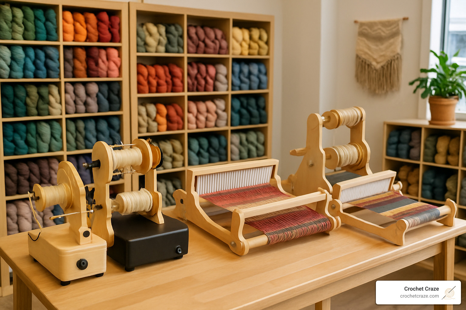 Display of e-spinners and rigid heddle looms with colorful yarns - weaving shops near me