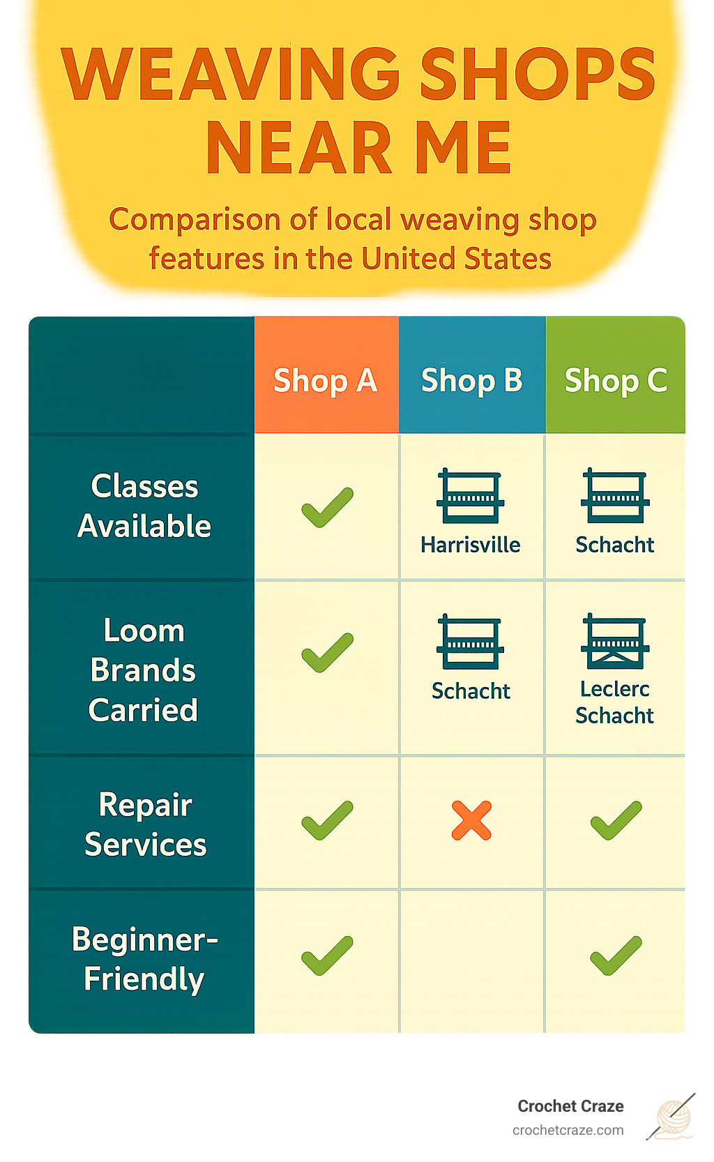 Comparison of weaving shop features including class availability, loom brands carried, repair services, and beginner-friendly options across top local weaving shops in the United States - weaving shops near me infographic