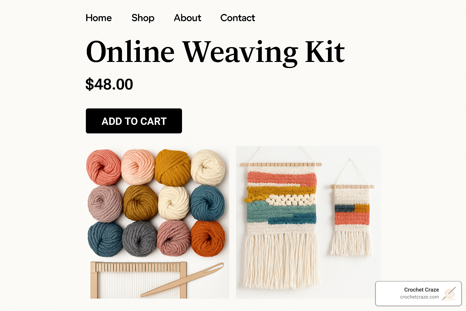 Screenshot of online weaving kit product page with colorful project images - weaving shops near me