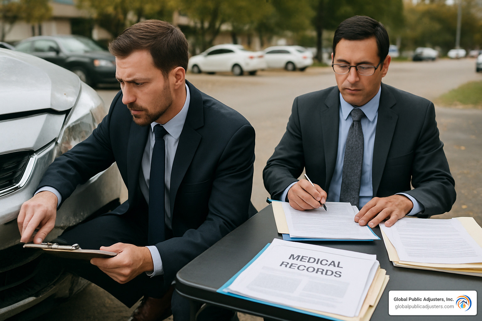 Claims adjuster inspecting vehicle damage while another reviews medical records - can i settle bodily injury claim with property damage pending