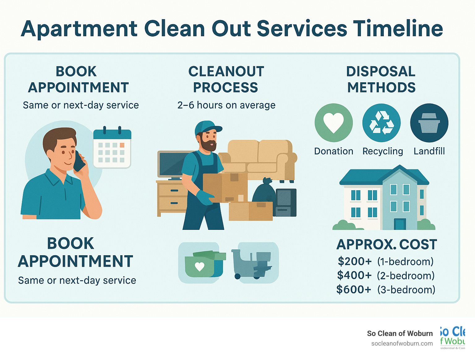 Apartment Clean Out Services Timeline showing the process from booking to completion, including average time frames, what items are typically removed, disposal methods (donation, recycling, landfill), and approximate costs based on apartment size - apartment clean out services near me infographic 