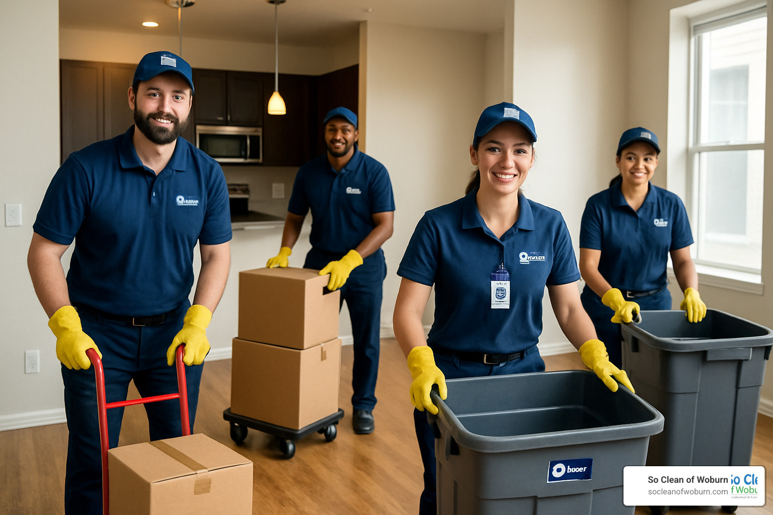 Professional apartment clean out crew in uniform with proper equipment and safety gear - apartment clean out services near me