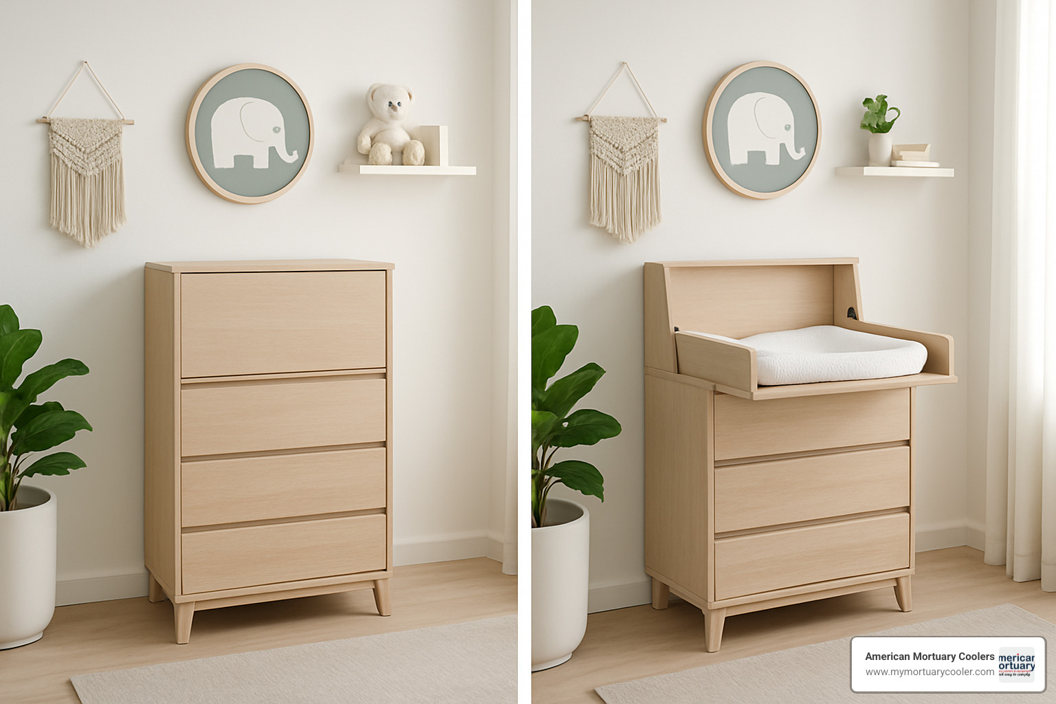Fold down changing table in action showing both folded and unfolded positions - dresser with fold down changing table