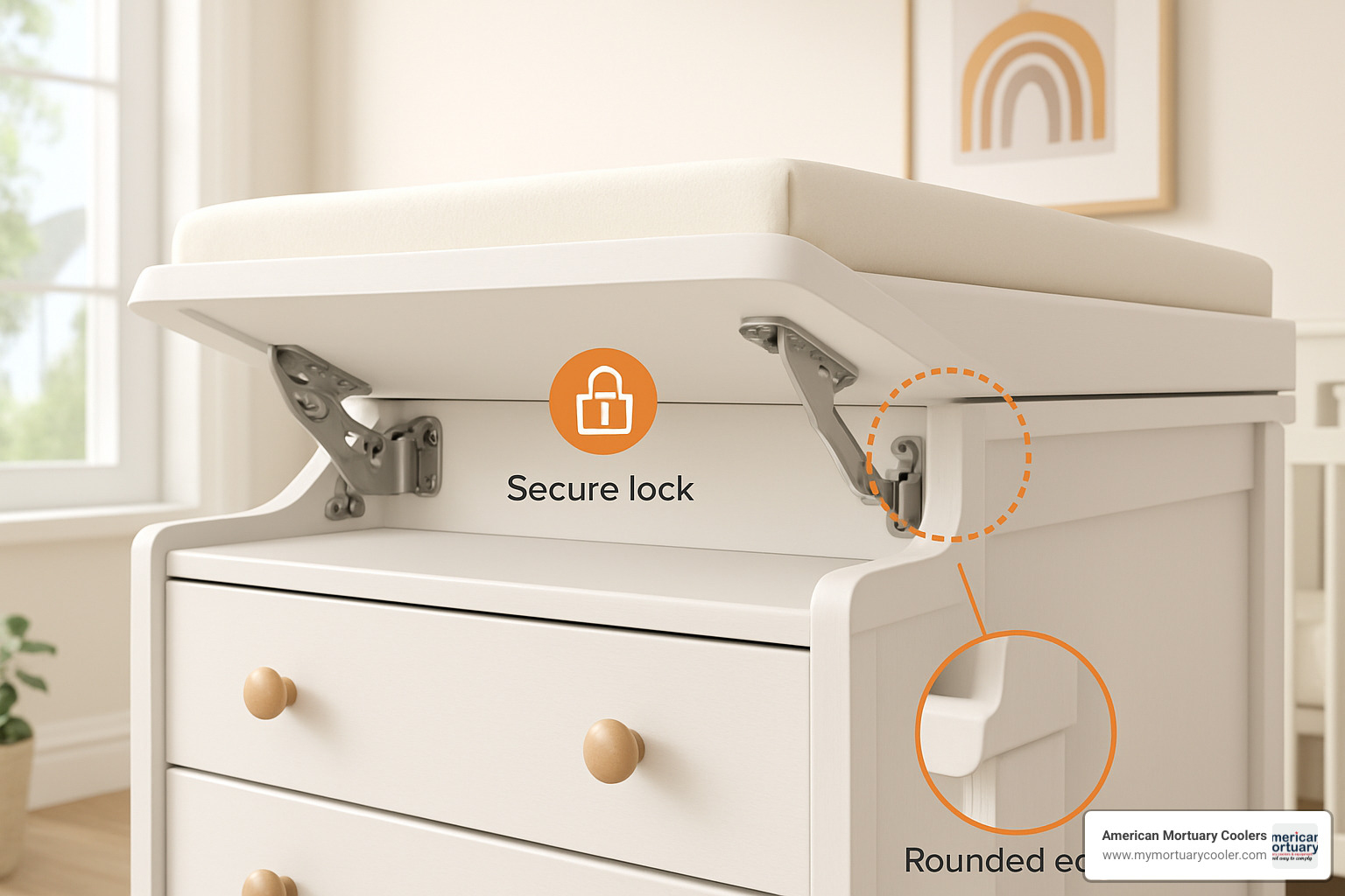 Detailed view of a fold-down changing table mechanism with safety features highlighted - dresser with fold down changing table
